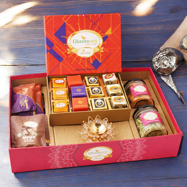 Big Hamper tray with best bites, diya, and crunchy cashew, Flavour raisins, mewa bites and cookies