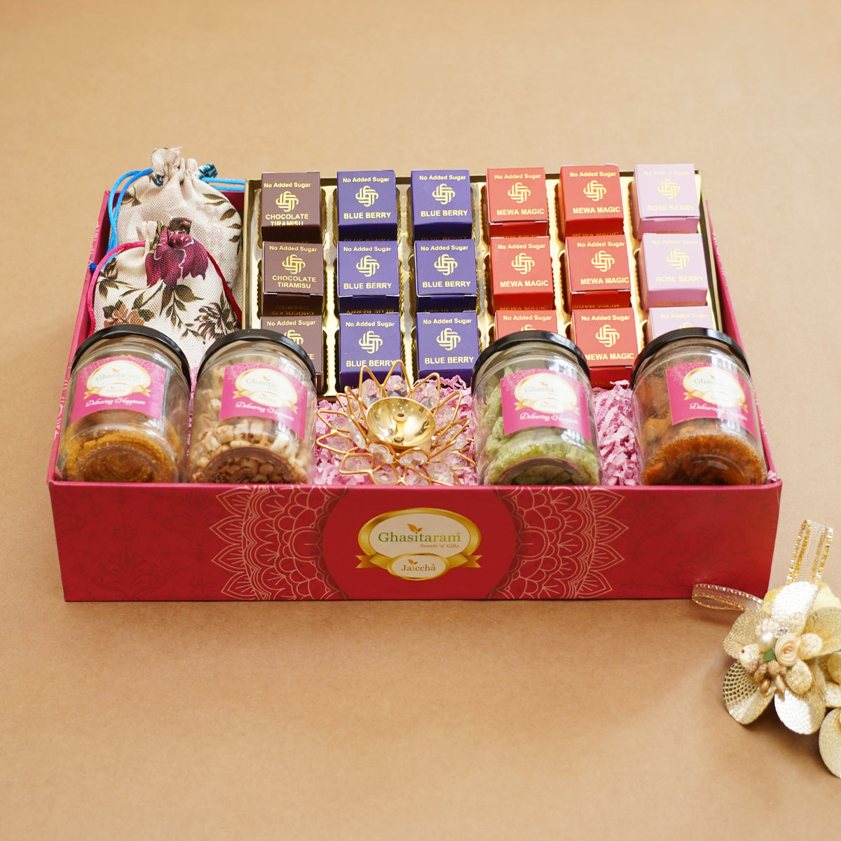 Big Pink tray of Sugarfree bites, jute pouches of mewa bites and anjeer bites, 2 jars of dryfruits, 2 jars of namkeen and diya