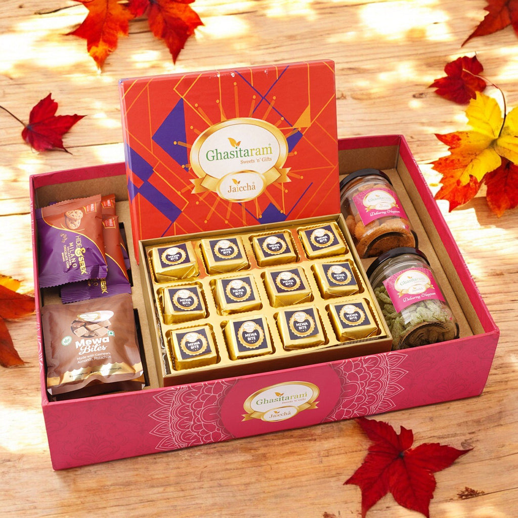 Diwali Gifts-Big Hamper Tray with mewa bites, Crunchy Cashew, Flavour Raisins, Mewa Bites and Cookies