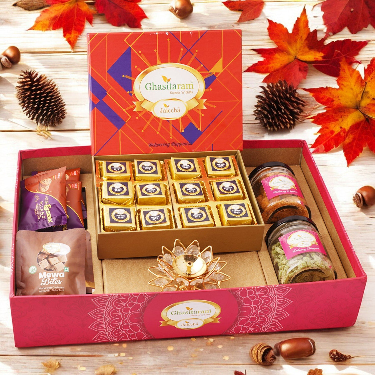 Diwali Gifts-Big Hamper tray with mewa bites, diya, and crunchy cashew, Flavour raisins, mewa bites and cookies
