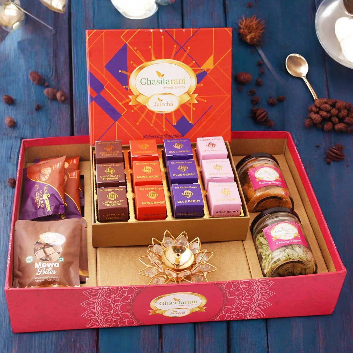 Diwali Gifts-Big Hamper tray with sugarfree mewa bites, diya, and crunchy cashew, Flavour raisins, mewa bites and cookies