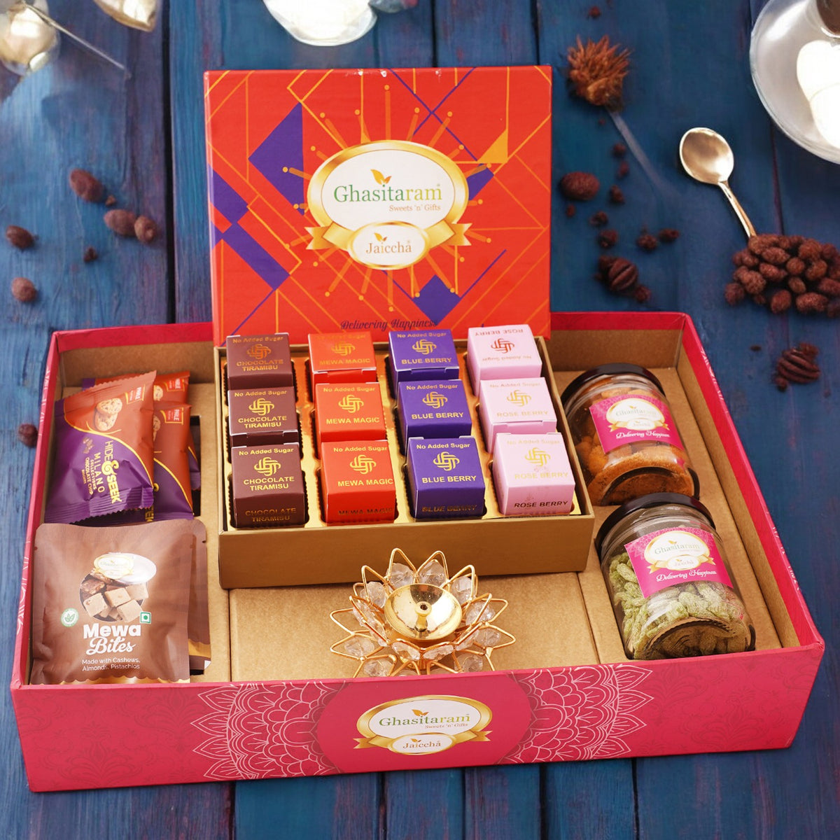 Big Hamper tray with sugarfree mewa bites, diya, and crunchy cashew, Flavour raisins, mewa bites and cookies