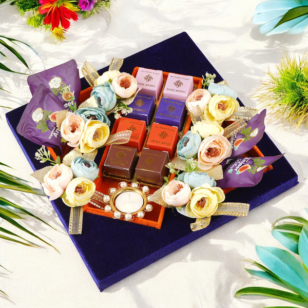 Diwali Gifts-Blue velvet tray with Sugarfree Mewa bites