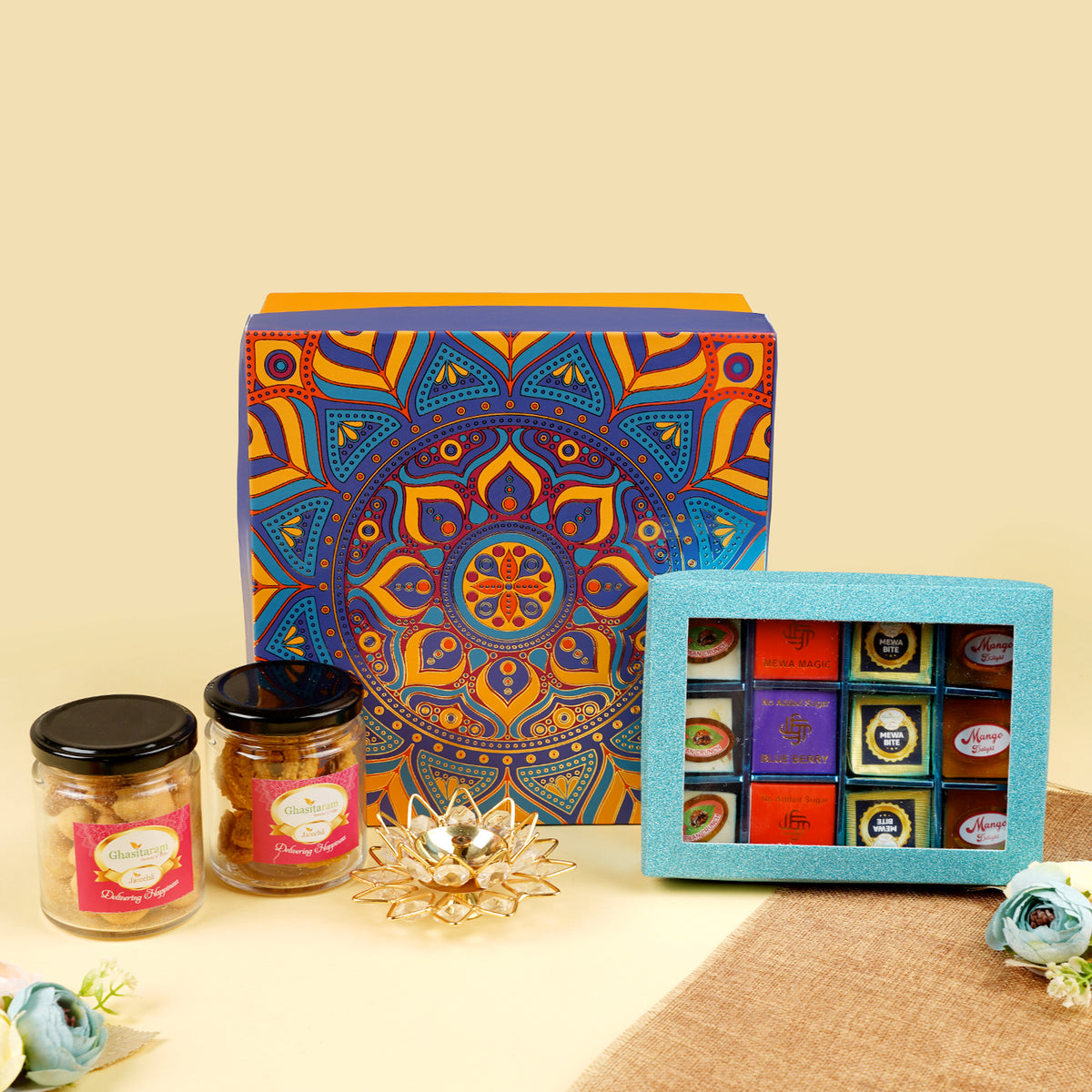 Diwali Hamper Box of Best Bites, 2 jars of Dryfruits and Diya