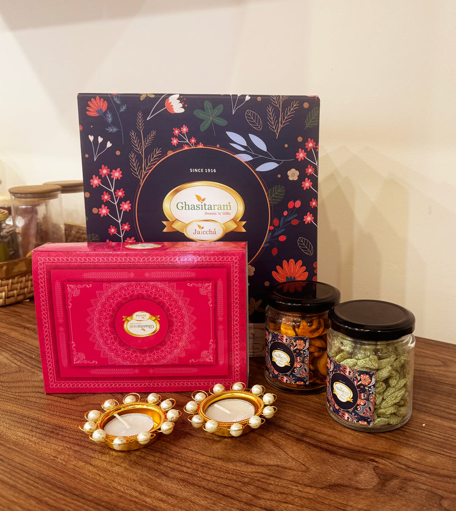 Corporate Gifts-Ghasitaram Hamper Box of Best Bites, 2 jars of mixed dryfruits, paan raisins and t-lights