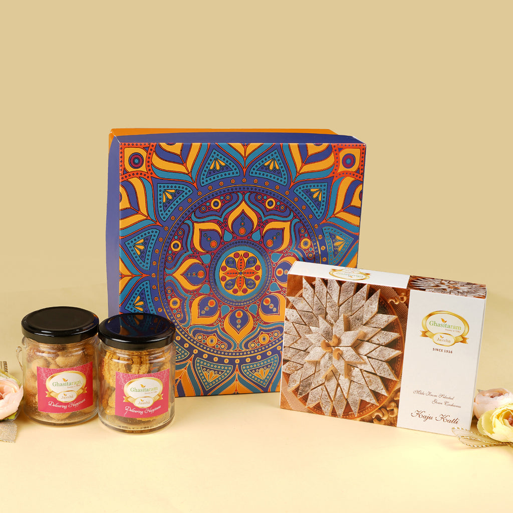 Diwali Hamper Box of Kaju Katli, 2 jars of Dryfruits and Diya