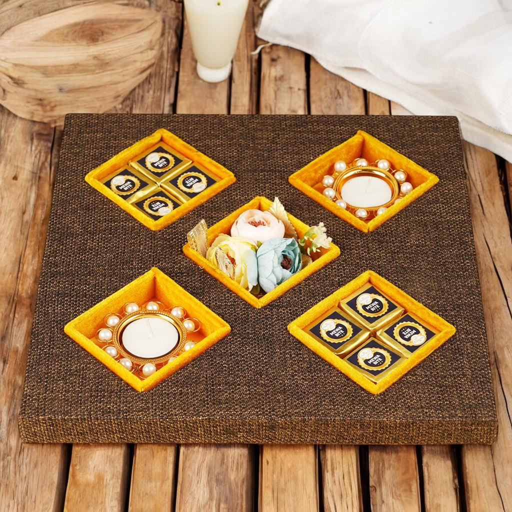 Diwali Gifts-Jute 5 part tray with mewa bites