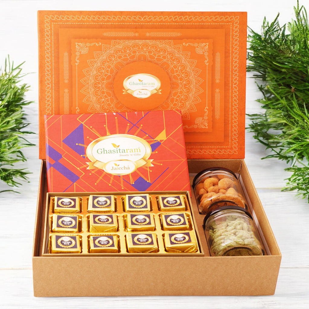 Corporate Gifts-Orange Hamper Box of mewa bites,Crunchy Cashew and Paan Raisins Jars