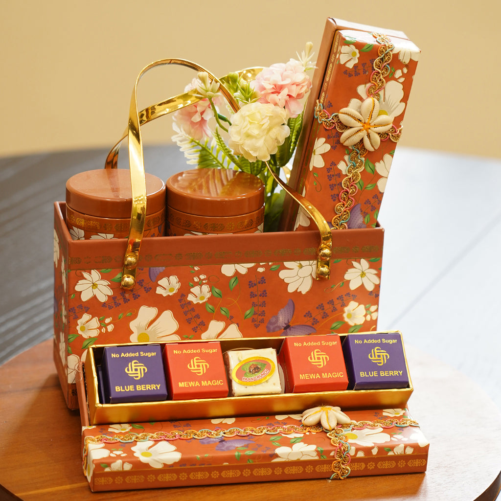 Diwali Gifts-Orange Flower Hamper Basket