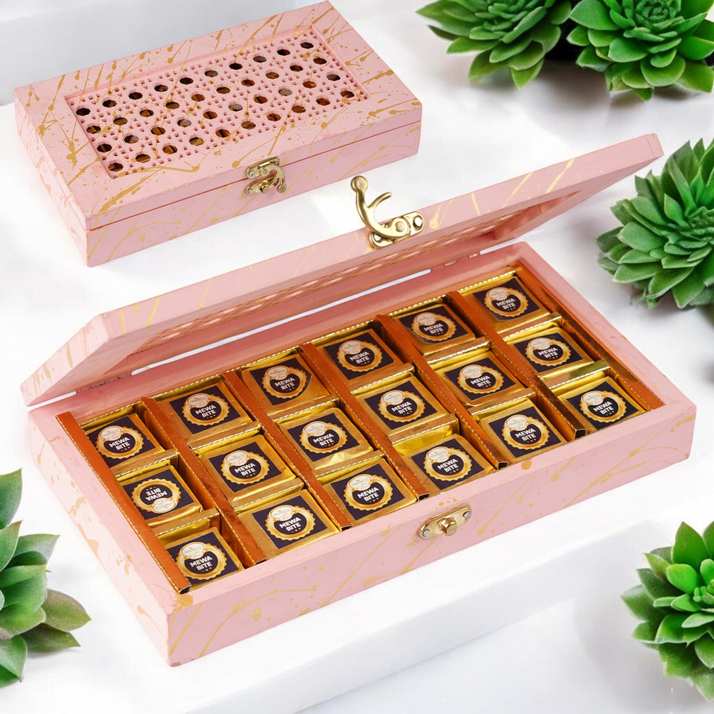 Corporate Gifts-Pink wooden box of Mewa bites