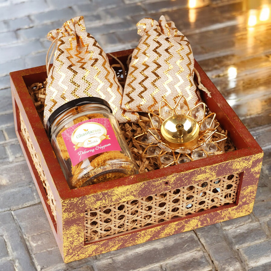 Diwali Gifts-Wooden Rattan Basket with dryfruit jars, Namkeen and Diya