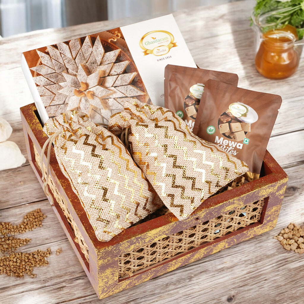 Diwali Gifts-Wooden Rattan Basket with Kaju Katli, 2 pouches of dryfruits and 2 mewa  bites