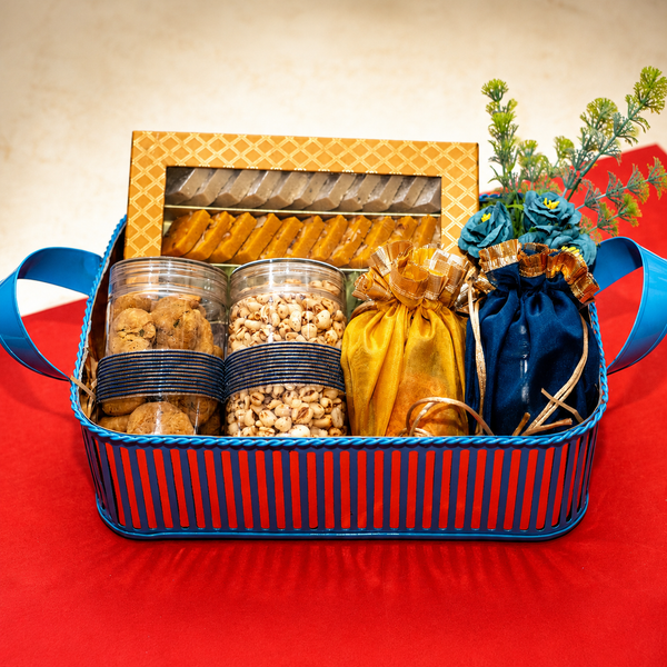 Corporate Gifts-Blue metal Basket Of Assorted Kaju Katlis, Namkeen and Dryfruit