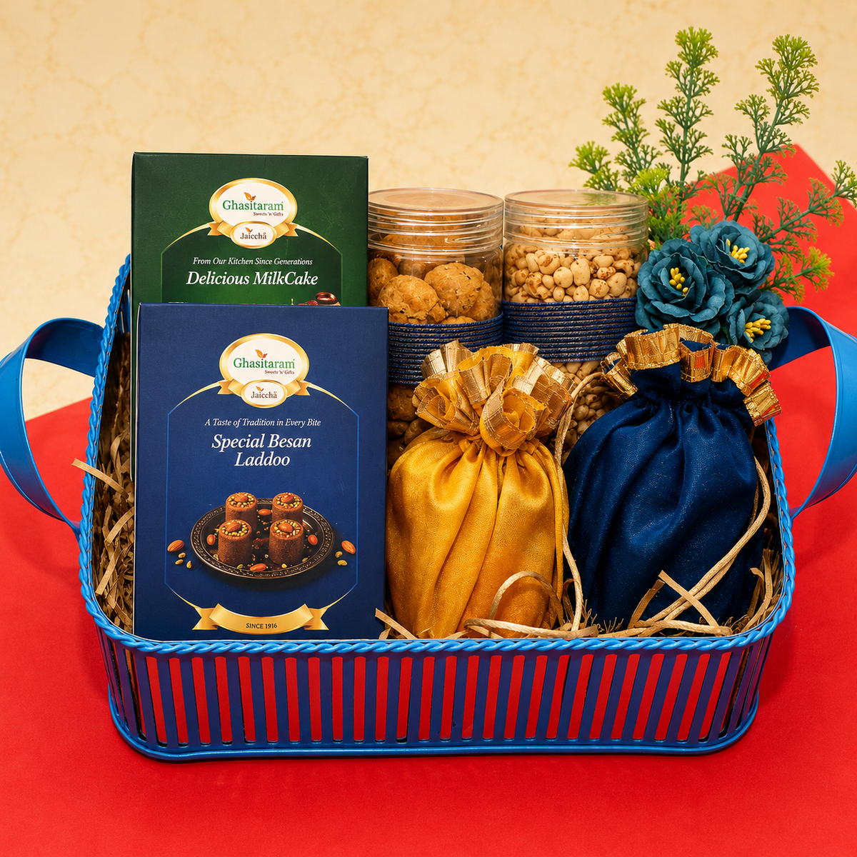 Corporate Gifts-Blue metal Basket Of Sweets, Namkeen and Dryfruit