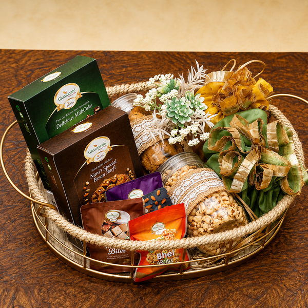 Corporate Gifts-Golden Jute Oval basket of Sweets, Namkeen, Dryfruit and Fudge