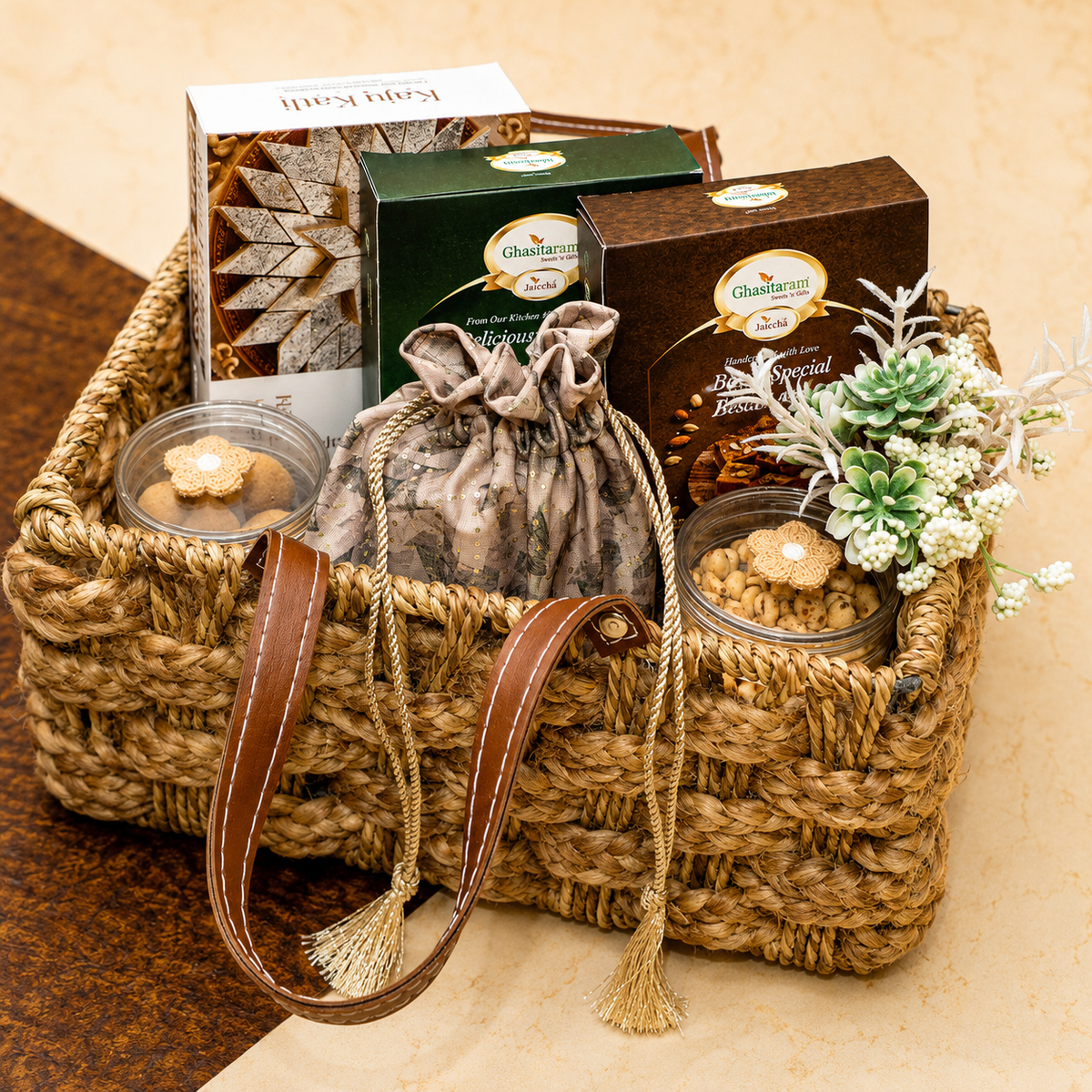 Corporate Gifts-Jute Rope Hamper Basket of Sweets/ Mithai pouches and Namkeen