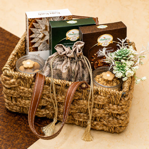 Corporate Gifts-Jute Rope Hamper Basket of Sweets/ Mithai pouches and Namkeen