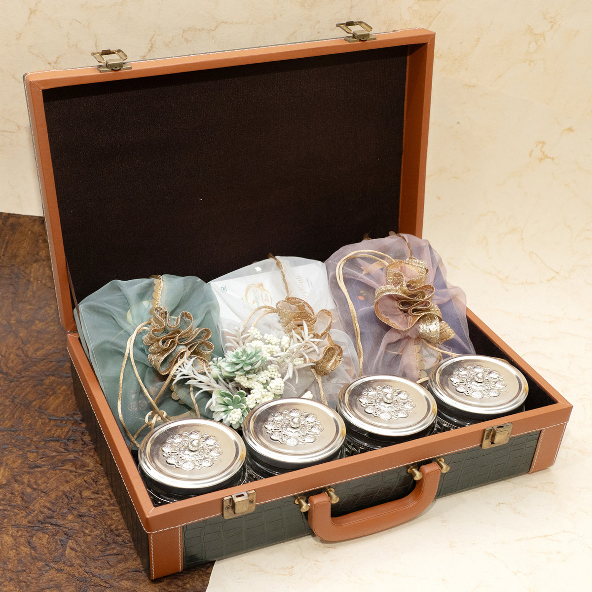 Corporate Gifts-Leather Gift Hamper box of Sweets, Namkeen and Dryfruit