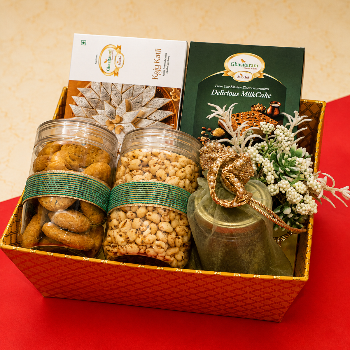 Corporate Gifts-Perfect Basket Hamper of Kaju Katli, Milk cake, Namkeen and Fudge