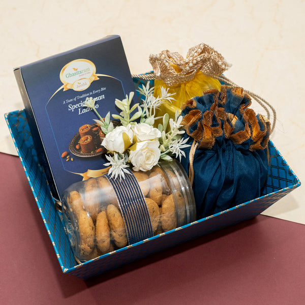 Corporate Gifts-Perfect Basket Hamper of Besan Laddoo, Mithai/ Sweet Pouches Namkeen and Dryfruit