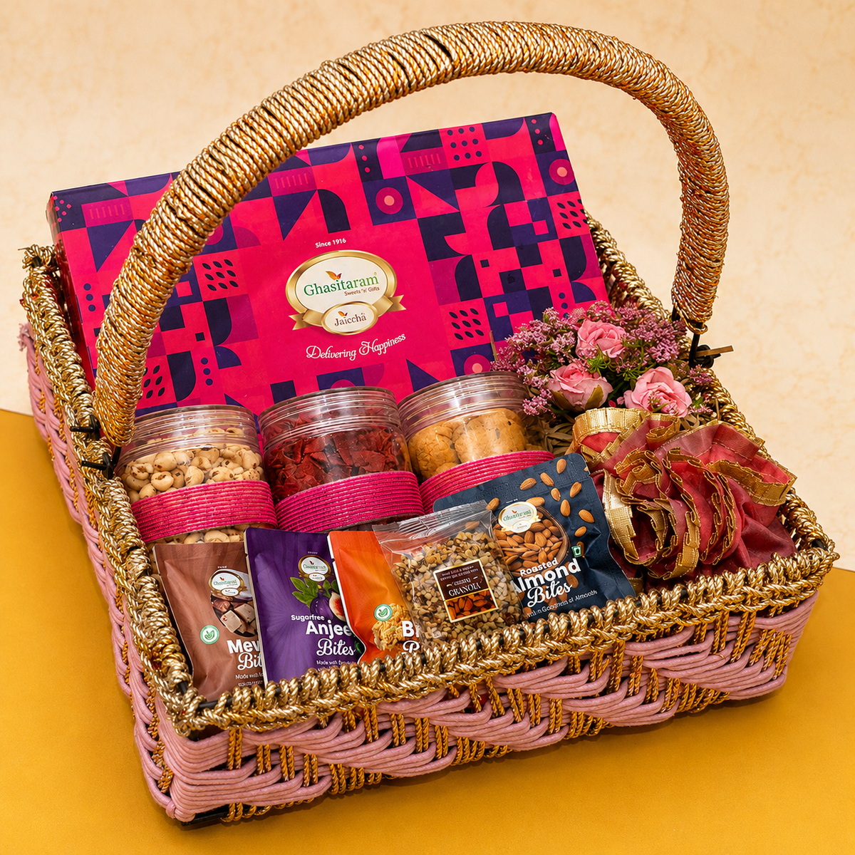 Corporate Gifts-Pink Rope Basket of 15 goodies of Assorted Sweets, / Namkeen and Dryfruit