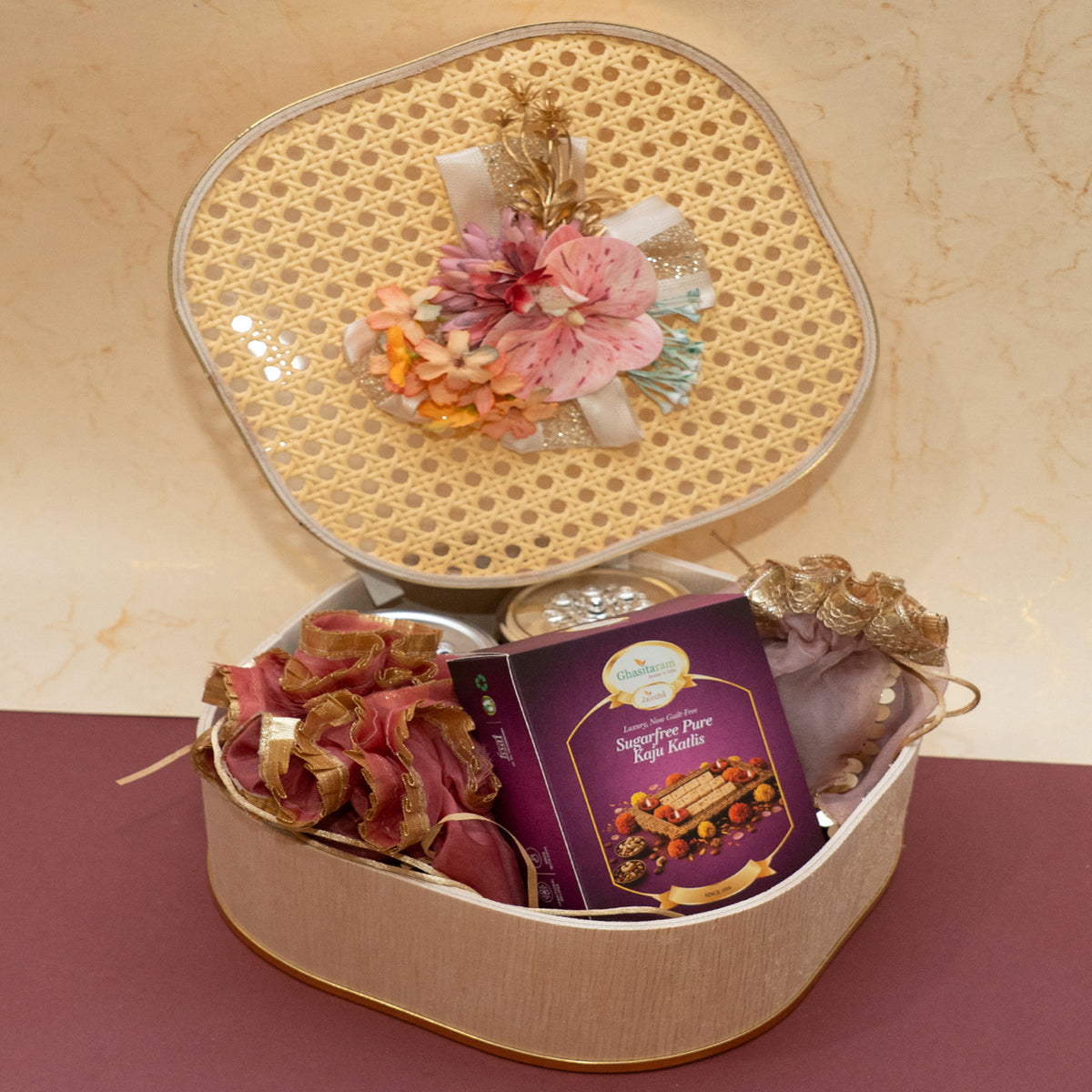 Corporate Gifts-Rattan box of Sugarfree Kaju Katlis/Namkeen and Dryfruit
