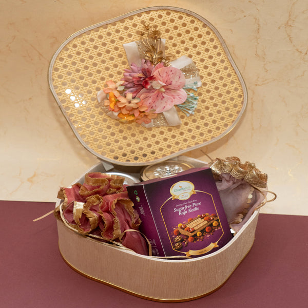 Corporate Gifts-Rattan box of Sugarfree Kaju Katlis/Namkeen and Dryfruit