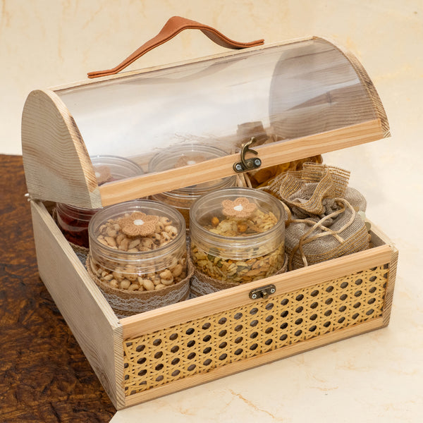 Corporate Gifts-Rattan Trunk Box of Mithai/Sweet Pouches, 4 Namkeens and Dryfruit