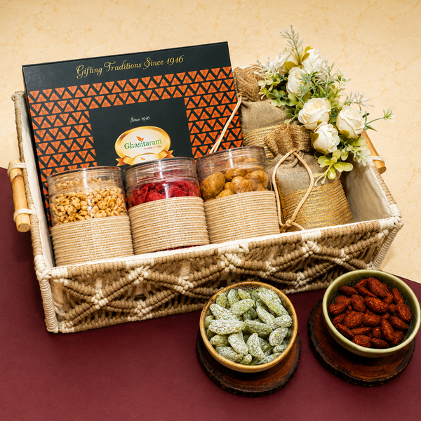Corporate Gifts-Macrame Basket of Assorted Sweets/ Nmakeen and Dryfruit