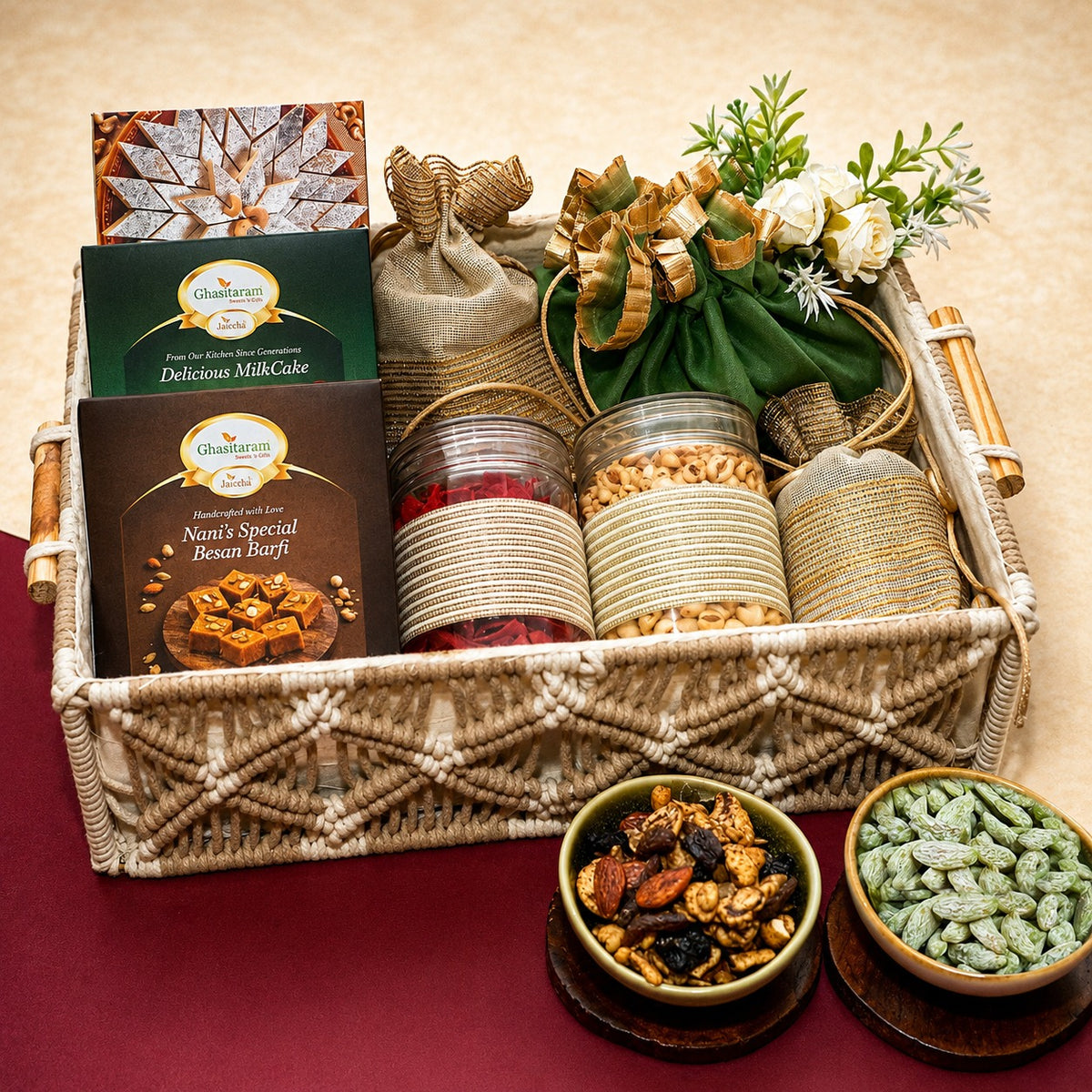 Corporate Gifts-Macrame Basket of Sweet Boxes / Namkeen and Dryfruit