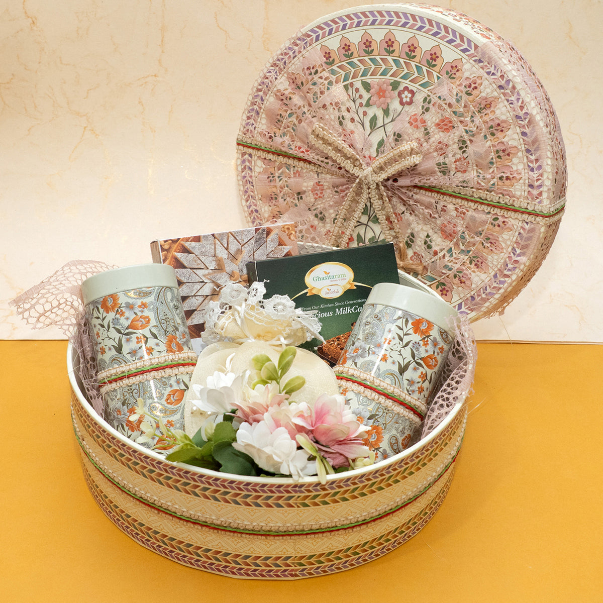 Corporate Gifts-Printed Round Hamper Box Of Sweets, Namkeen and Dryfruit