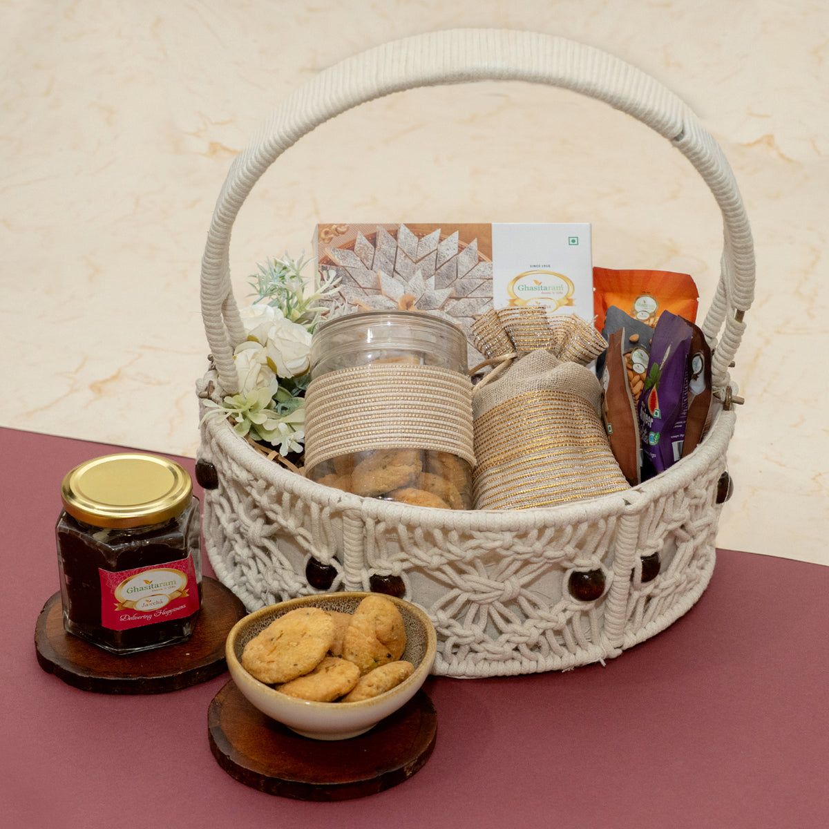 Corporate Gifts-Round Macrame Basket of Kaju Katlis, Namkeens, Mithai/Sweet pouches and Fudge