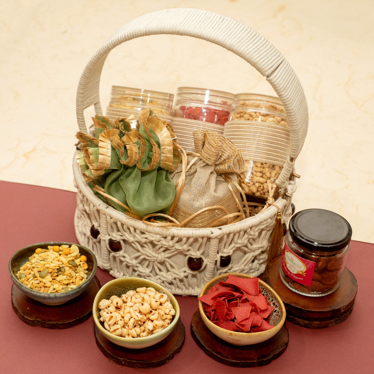 Corporate Gifts-Round Macrame Basket of Namkeens, Mithai/Sweet pouches and Dryfruit