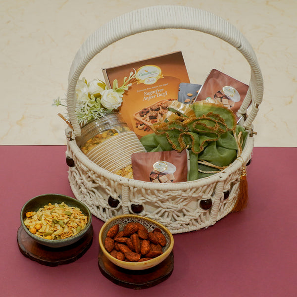 Corporate Gifts-Round Macrame Basket of Sugarfree Sweets, Namkeens, Mithai/Sweet pouches and Dryfruit