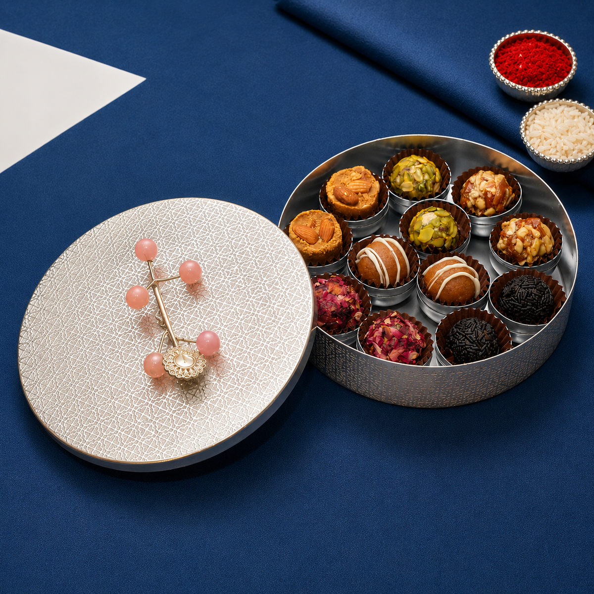Corporate Gifts-Silver Round Box of 12 sweets