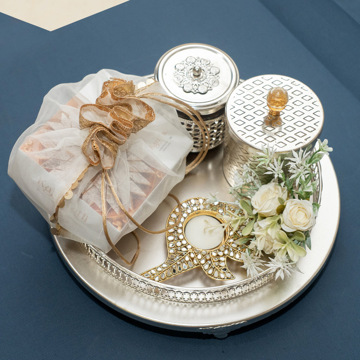 Corporate Gifts-Silver round Tray of Kaju Katli/ Mithai/ Sweet Pouches and Dryfruit