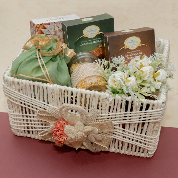 Corporate Gifts-White Jute Basket of Kaju Katlis, Milk cake, Besan Barfi, Namkeen abd Dryfruit
