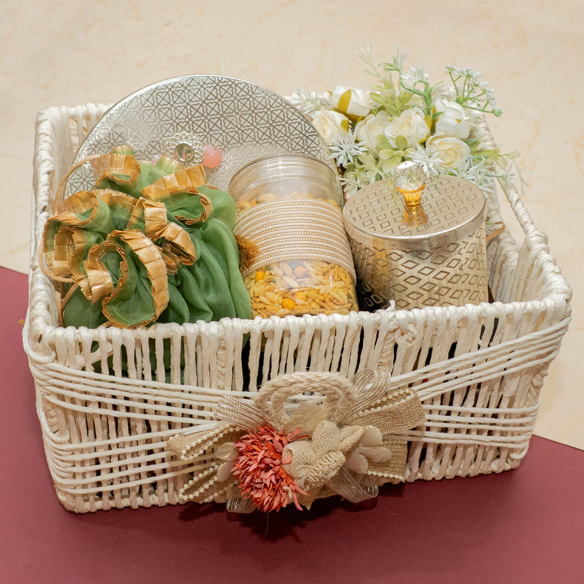Corporate Gifts-White Jute Basket of Assorted Laddoos and Namkeen