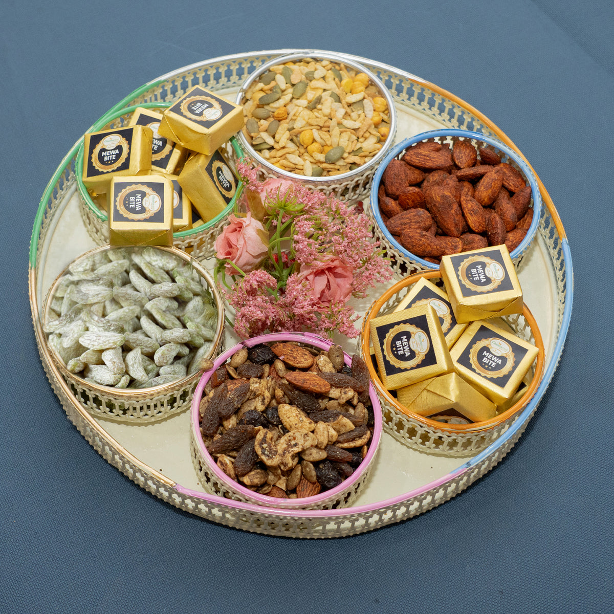 Corporate Gifts-White Platter of Mewa bites, Quinoa snack and Dryfruit