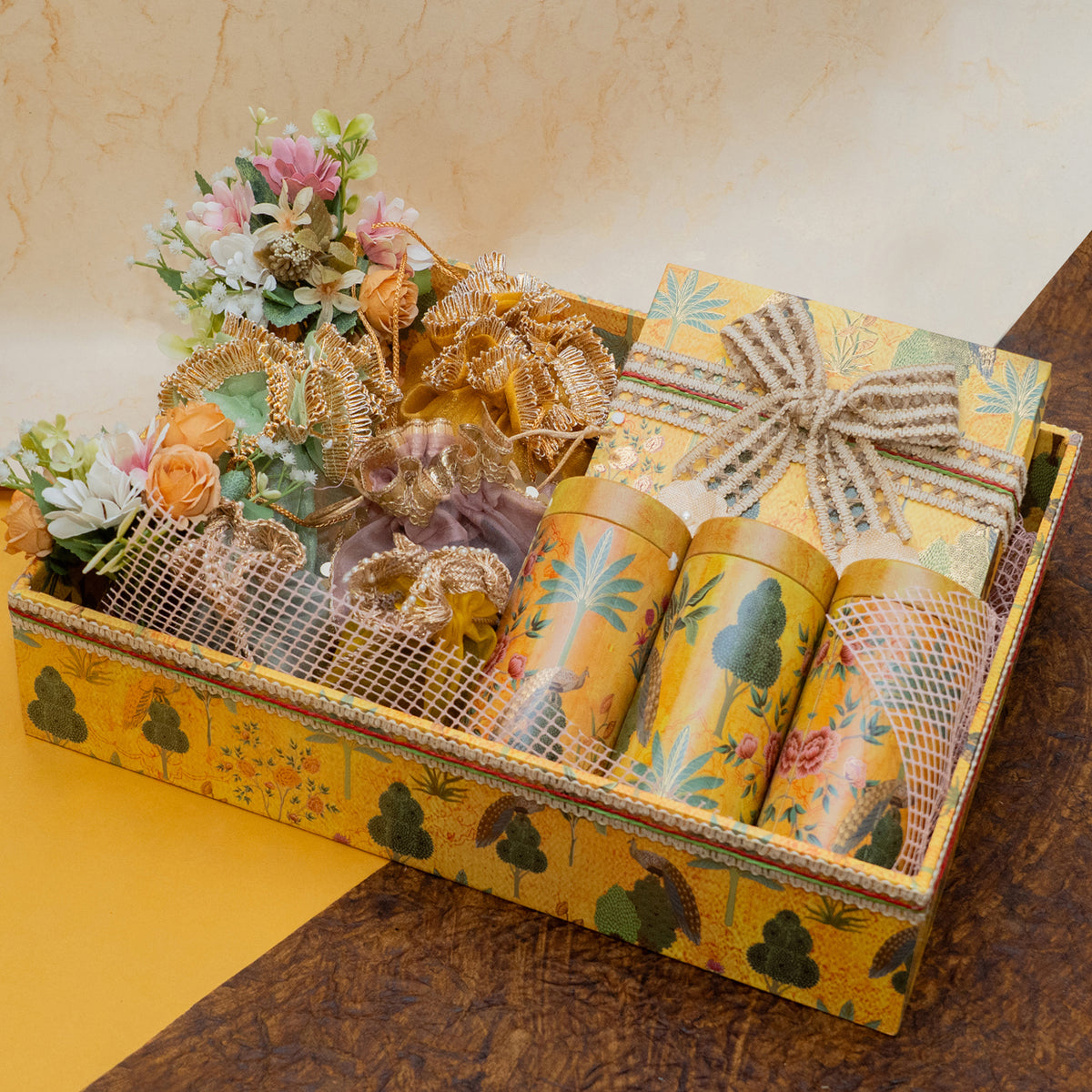 Corporate Gifts-Yellow Complete Hamper Basket of 25 goodies Of Sweets, Namkeen , Dryfruit and Fudge