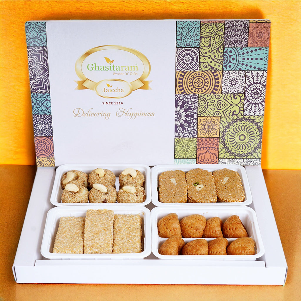 Lohri Sweets-Assortment of Gud Til Gachak, Khasta Gachak,Mawa Til Laddoo and Khajoor (800 gms)