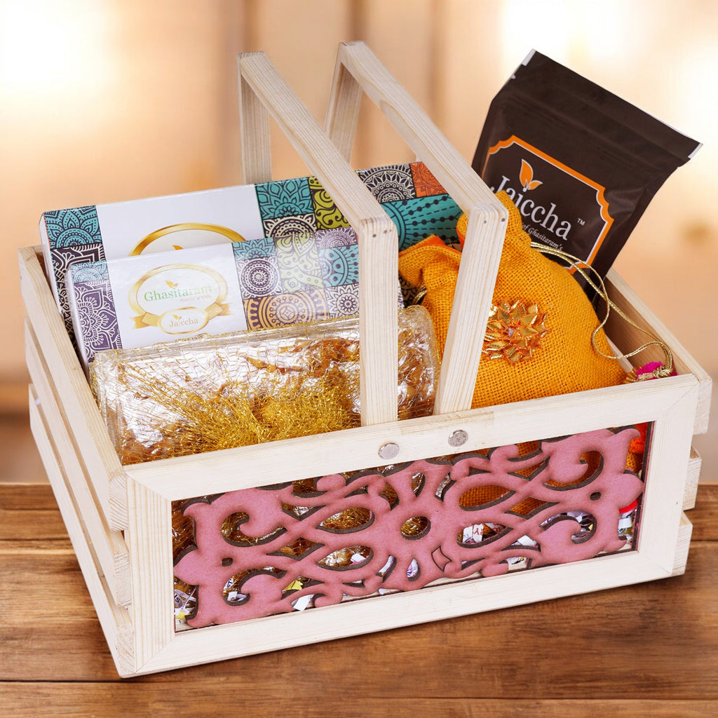 Lohri Sweets Gachak Hampers Lohri Wooden Lazer Basket