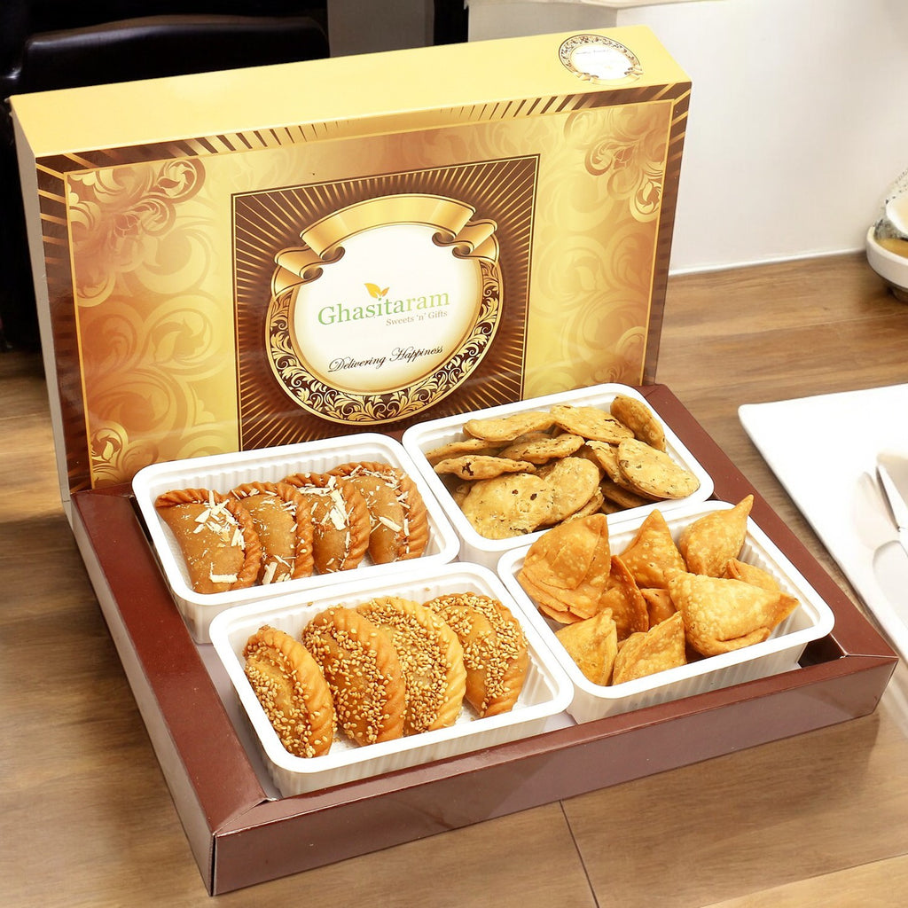 Holi Sweets| Holi Hampers| Holi Gifts:Big Box of Dry Sweet Gujiyas, Til/ Sesame Gujiya, Farsan Samosas and Methi Mathi Hamper