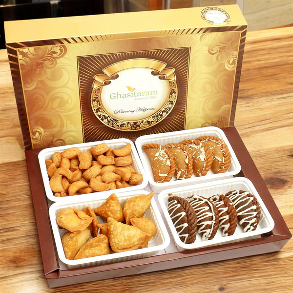 Holi Sweets| Holi Hampers| Holi Gifts-Ghasitaram's Big Box Of Gujiya, Chocolate Gujiya, Mini Namkeen Gujiyas and Farsan Samosas