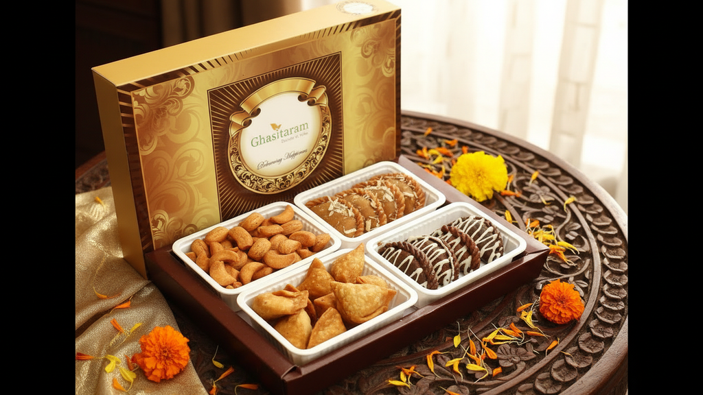 Holi Sweets| Holi Hampers| Holi Gifts-Ghasitaram's Big Box Of Gujiya, Chocolate Gujiya, Mini Namkeen Gujiyas and Farsan Samosas