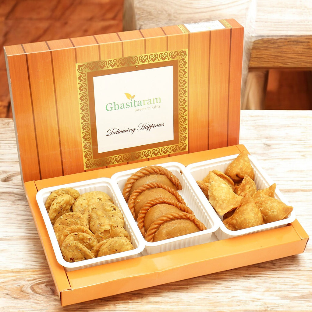 Holi Sweets| Holi Hampers| Holi Gifts:Dry Sweet Gujiyas, Farsan Samosas and Methi Mathi Hamper