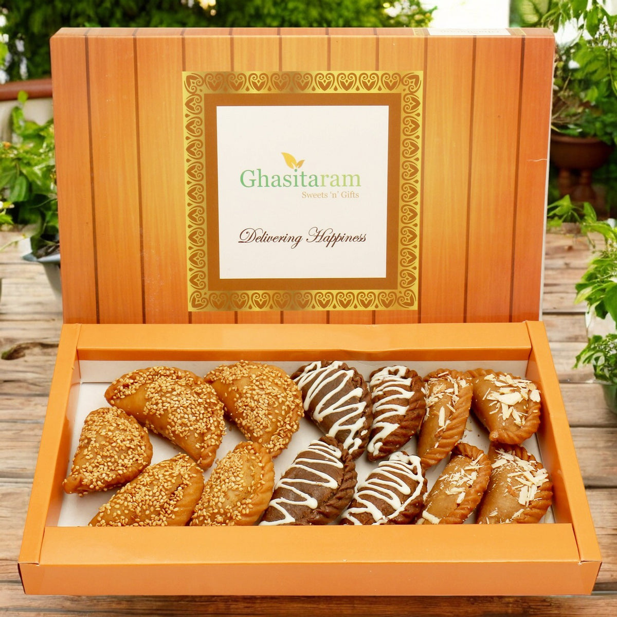 Holi Sweets| Holi Hampers| Holi Gifts-Ghasitaram's Roasted Til/ Sesame, Traditional Gujiyas Box and Chocolate Gujiyas Box