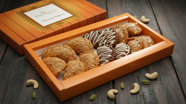 Holi Sweets| Holi Hampers| Holi Gifts-Ghasitaram's Roasted Til/ Sesame, Traditional Gujiyas Box and Chocolate Gujiyas Box