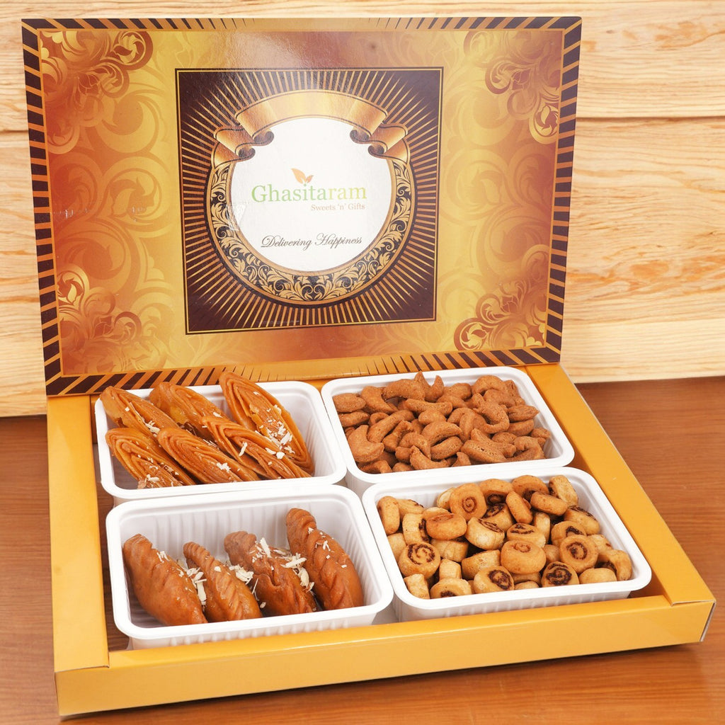 Holi Sweets| Holi Hampers| Holi Gifts:Big Box of Gujiyas, Khaja; Gujiya Namkeen and Bhakar Wadi