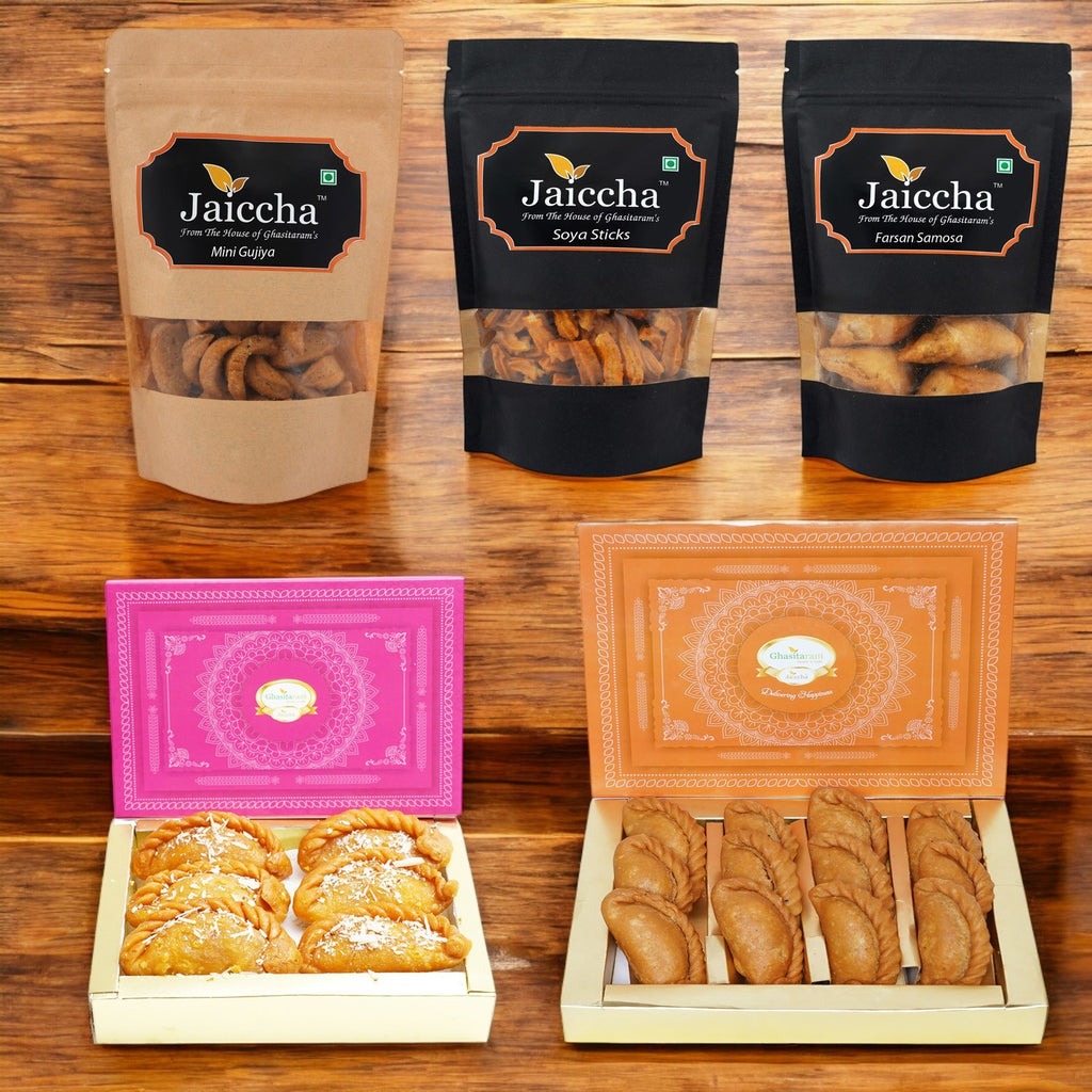 Holi Sweets| Holi Hampers| Holi Gifts:Best of 5 Traditional Gujiyas, Dry Sweet Gujiyas, Gujiya Namkeen Pouch, Soya Sticks Pouch, Farsaan Samosa Pouch